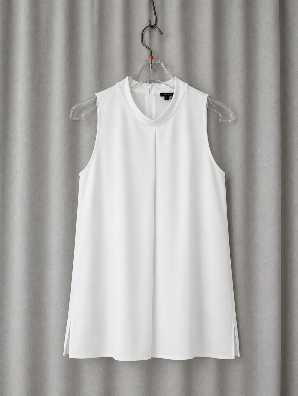 Theory Talniza Admiral Crepe Optic White Sleeveless Mock Neck Career Chic Blouse